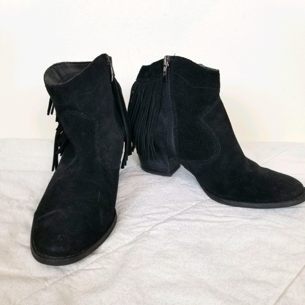 Marc Fisher black western suede ankle booties zipper fringe heel cowgirl 8.5